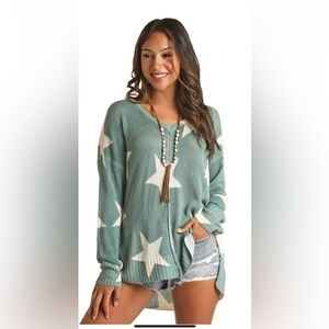 Rock&Roll Denim Teal Green Star Sweater Sz L